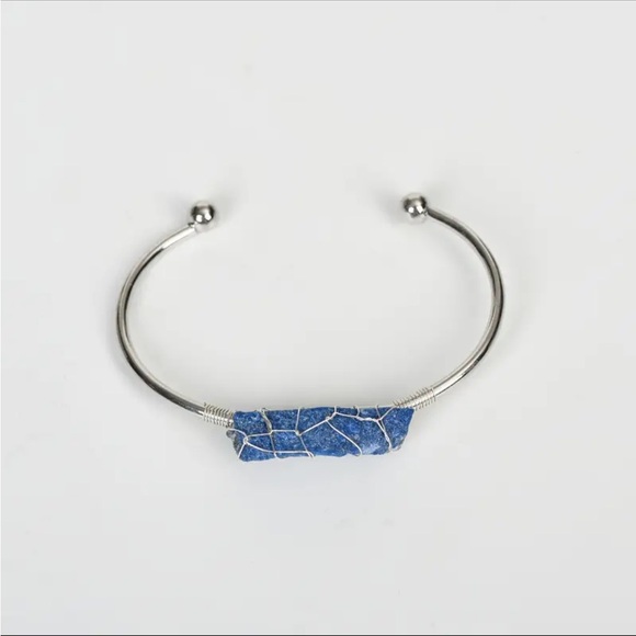 Silver Tone Bangle with Wire Wrapped Genuine Lapis Lazuli Crystal Stone Bracelet - Picture 1 of 4